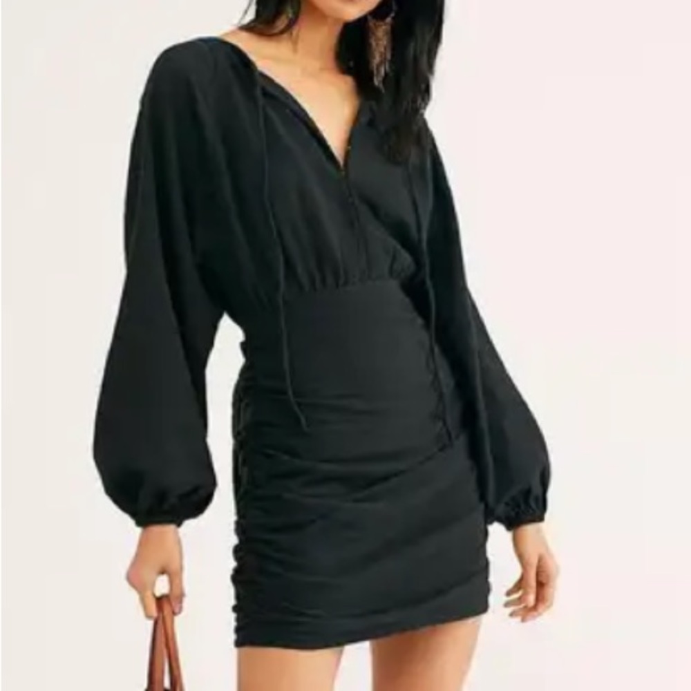 Free people the only one texture black ruched button mini dress sz S